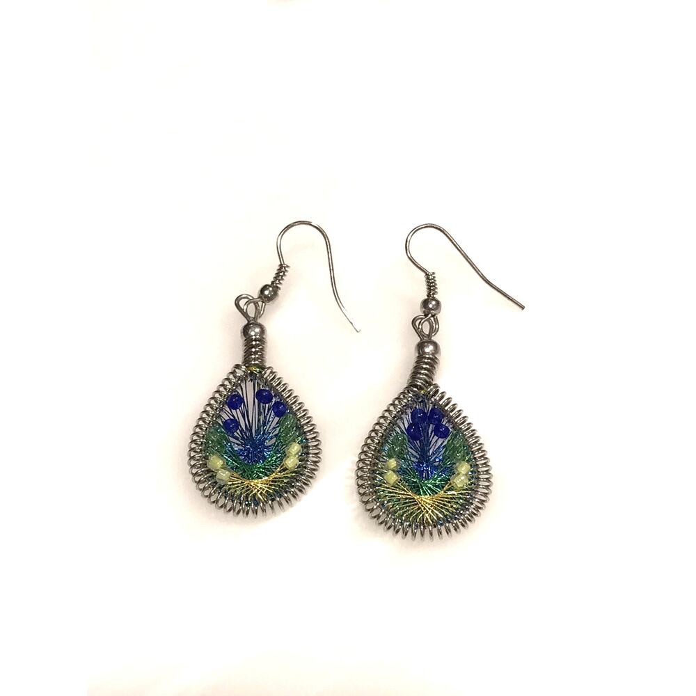 Elegant Peacock Beaded Silk Thread Teardrop Earrings Art Thread 1 1/2”